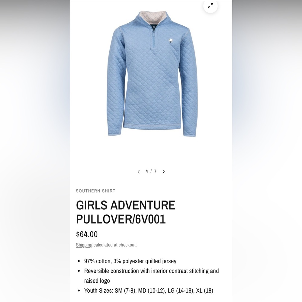Girls’ “Southern Shirt”Reversible Quilted Quarter Zip